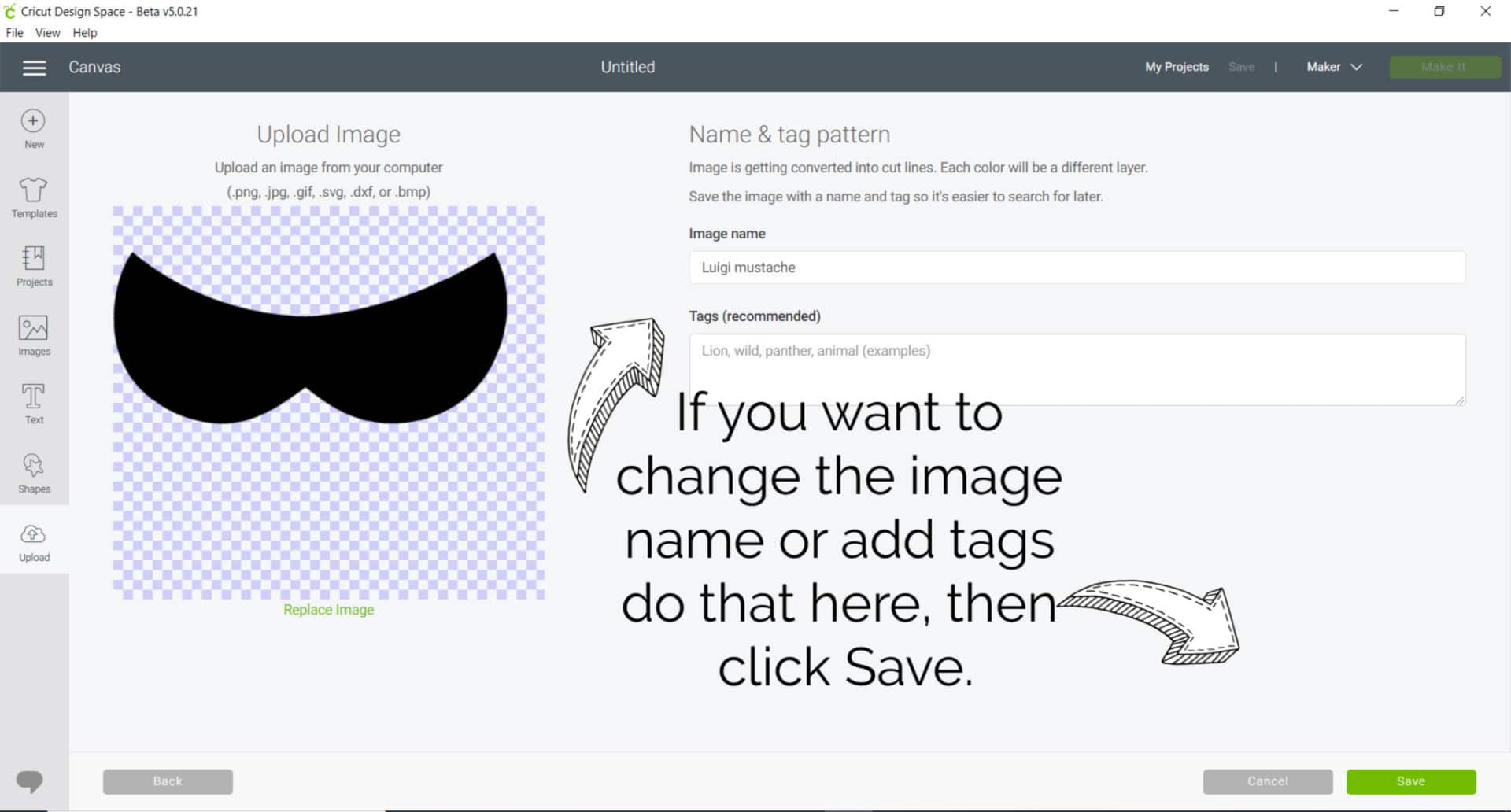 How to upload SVG file to Design Space Step 5 | Mario Mustache DIY | Marching North