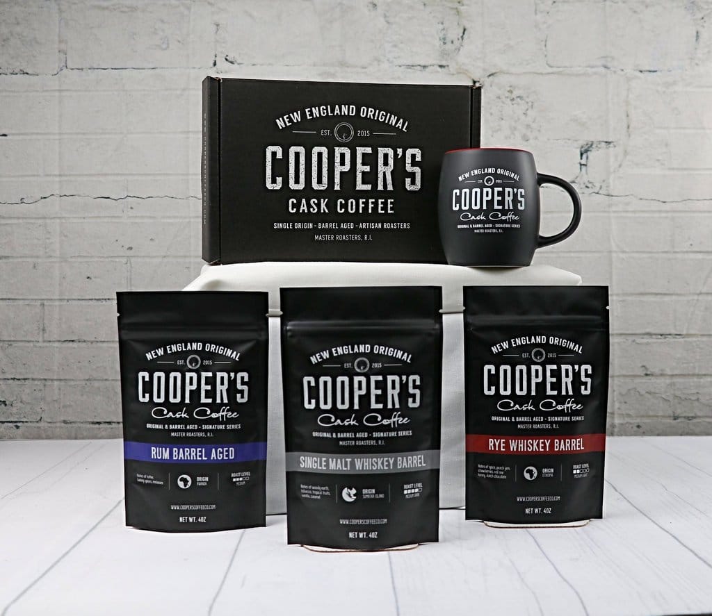 Cooper's Cask Whiskey and Rum Aged Coffee Box Set with Mug | best gourmet coffee gifts Marching North
