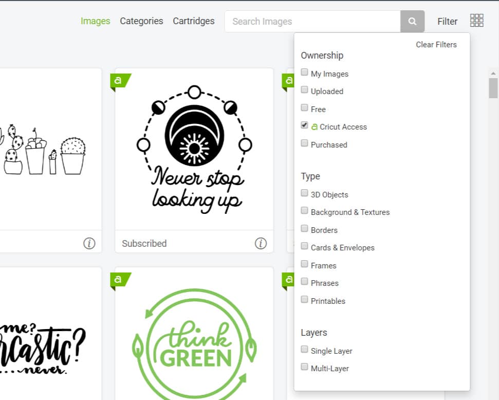 Filter Image menu Design Space