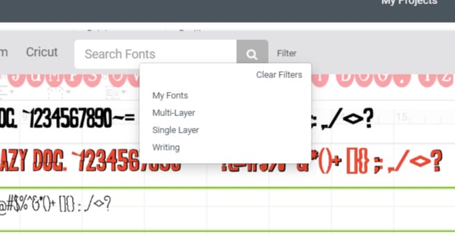 Font filter drop down menu Design Space