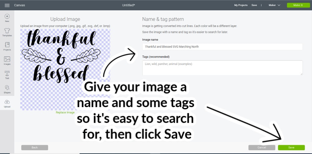 Name and tag image Design Space