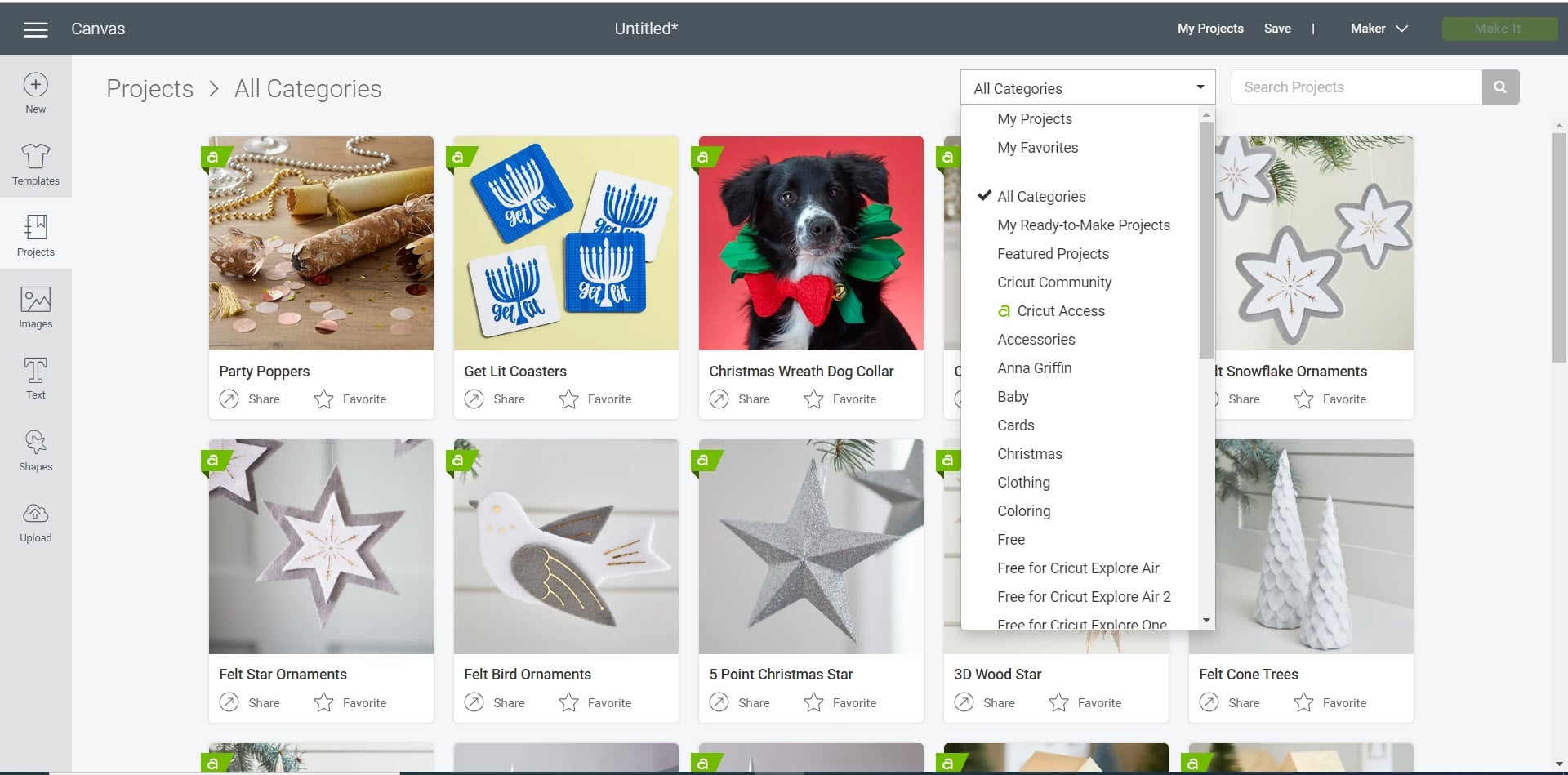 Projects dropdown menu Design Space