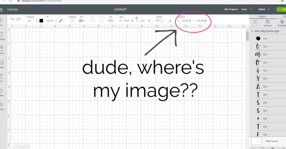 Upload image to design space | sometimes it's off canvas | Marching North