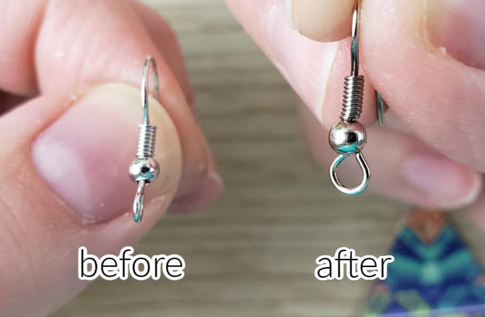Before and after twisting the ear hook loop for leather earrings