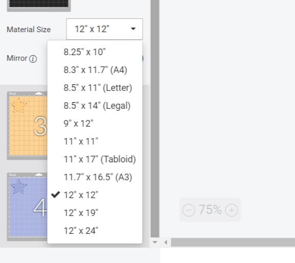 Material size options Design Space