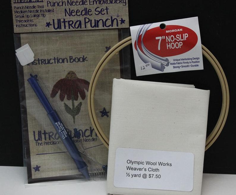 Punch Needle Embroidery Beginner's Kit featuring the Ultra Punch Needle set, Morgan No-Slip Hoop and Weaver's cloth by Olympic Wool Works