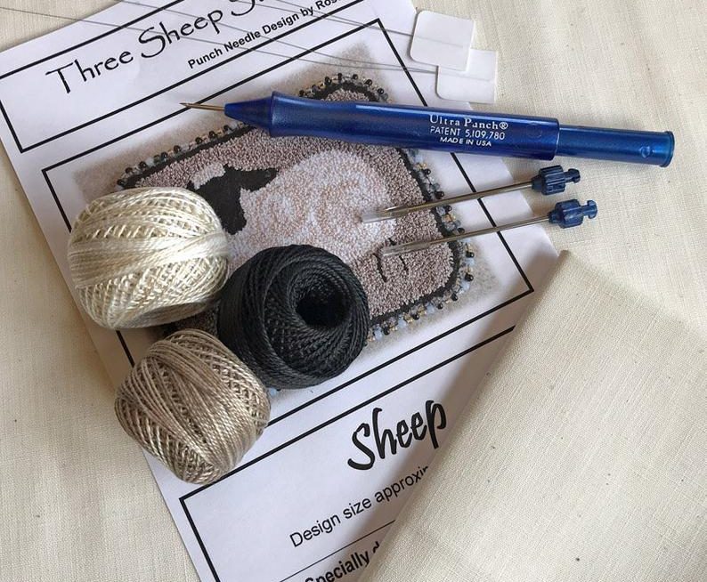 Beginner Punch Needle Embroidery Kit with the Ultra Punch Needle - Primitive Sheep by Three Sheep Studio