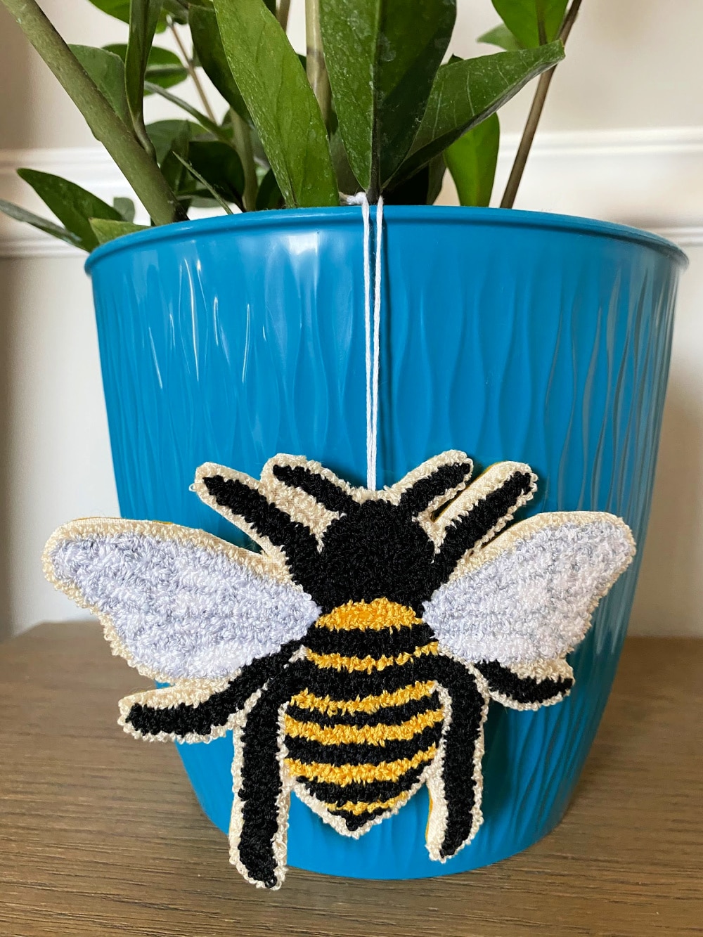 Punch needle bee on flower pot