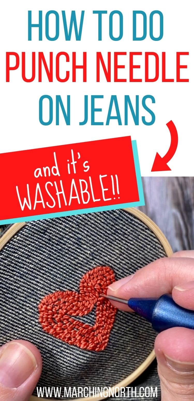 punch needle on denim pin 2 Marching North