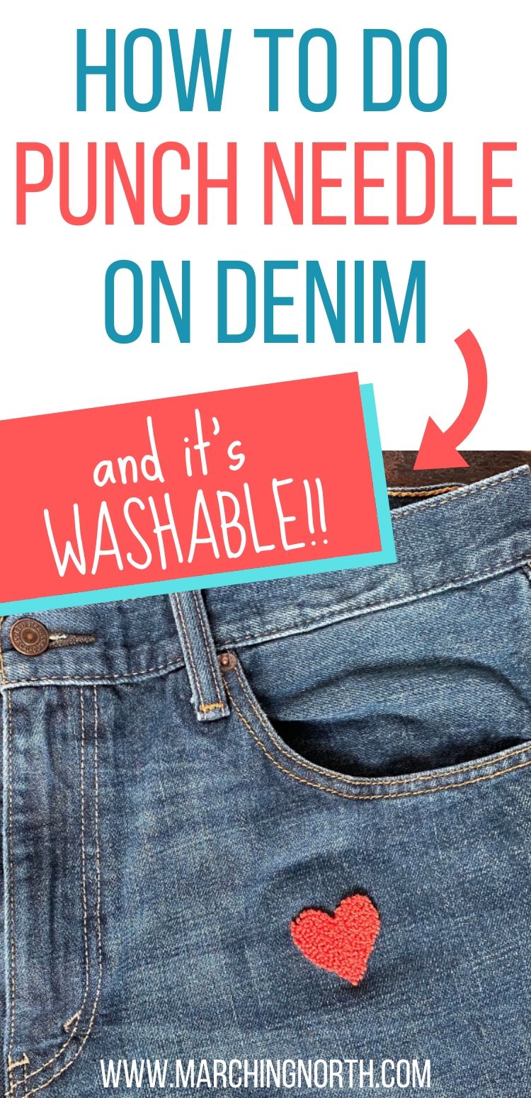 punch needle on denim pin 3 Marching North