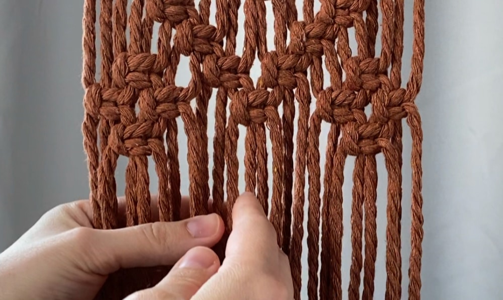 Tie four square knots on each side under the first diamond | DIY macrame plant hanger wall hanging