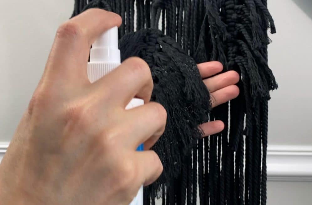 spray the macrame feathers with stiffening spray