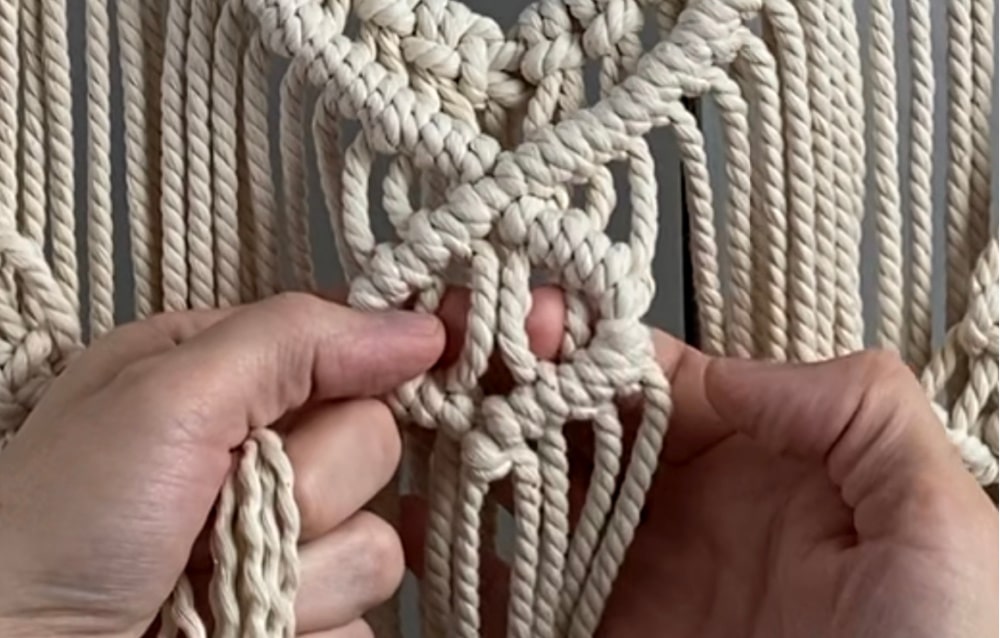 Adding the rya knot to the diamond | DIY Macrame Wall Hanging
