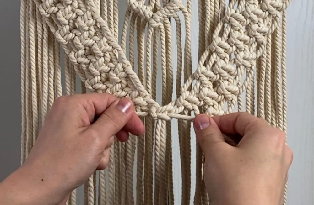 join the alternating square knot bands in the center | DIY Macrame Wall Hanging Tutorial
