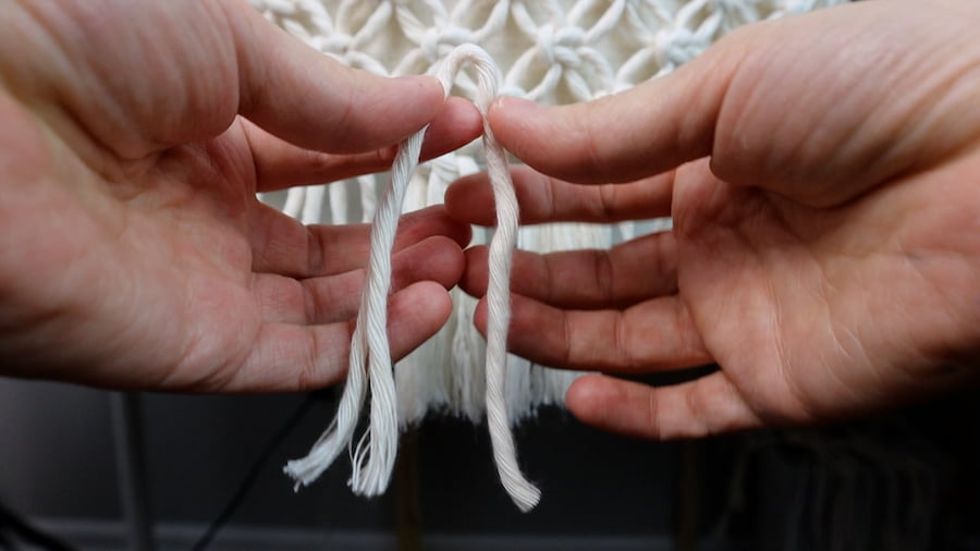 adding more fringe in between the sections on bottom of macrame lamp shade