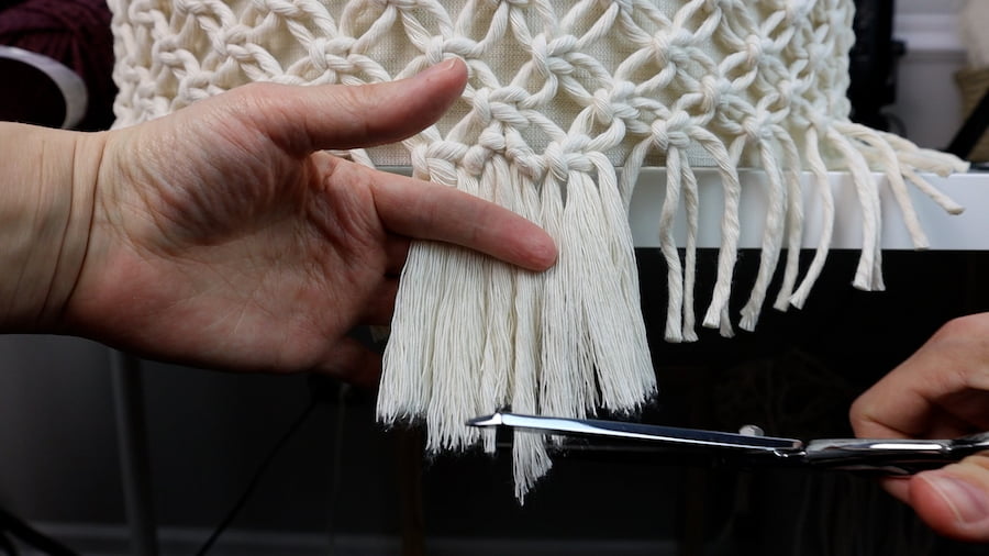 adding more fringe in between the sections on bottom of macrame lamp shade