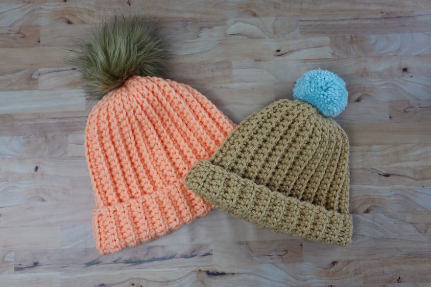 adult and toddler sized easy ribbed crochet beanies