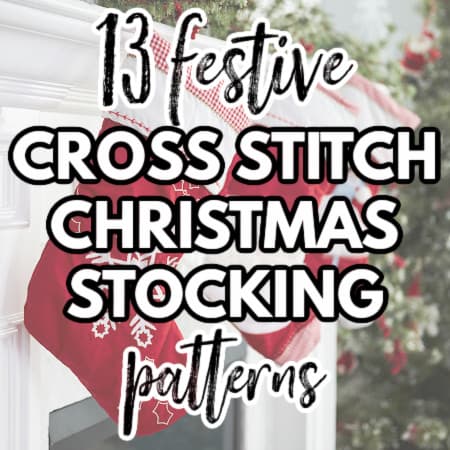 13 cross stitch Christmas stocking patterns featured image showing hanging stockings on a fireplace mantle