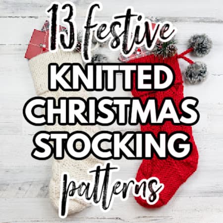knitted Christmas stocking patterns featured image showing some knitted Christmas stockings laying on a white table