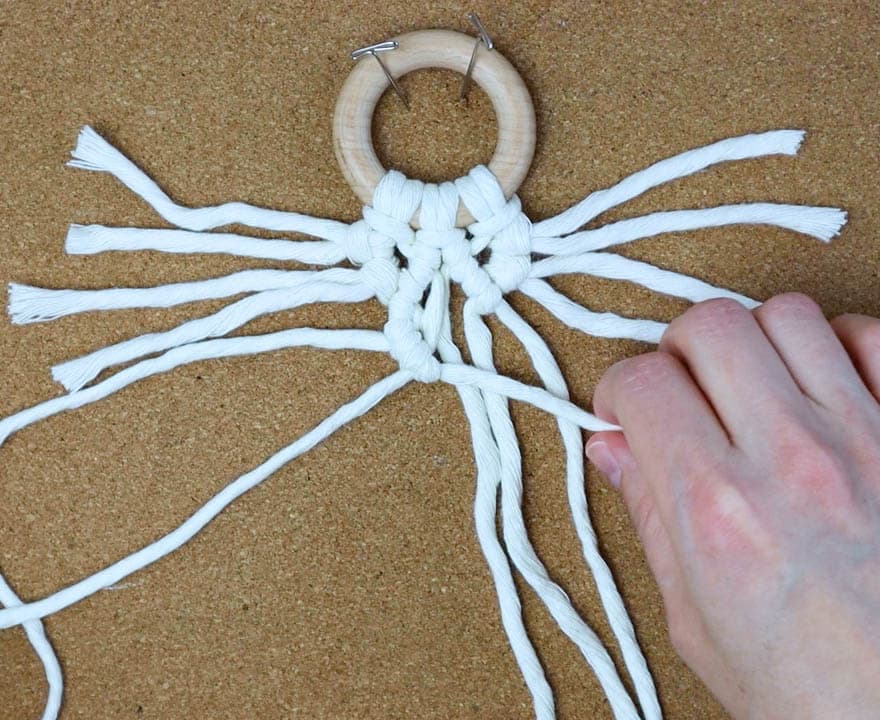 tie two diagonal double half hitch knots going down and to the right