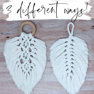 macrame feather Pinterest pin showing the three different types of feather made in this tutorial