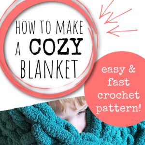 Pinterest pin image for crochet super bulky blanket pattern wrapped around my adorable toddler son with blond hair peeking out.