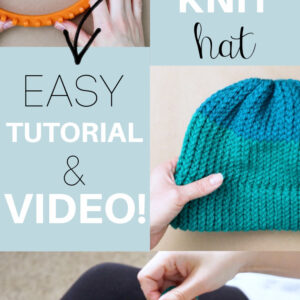 Pinterest pin for adult loom knit hat pattern, showing the finished hat and some progress shots of making the hat