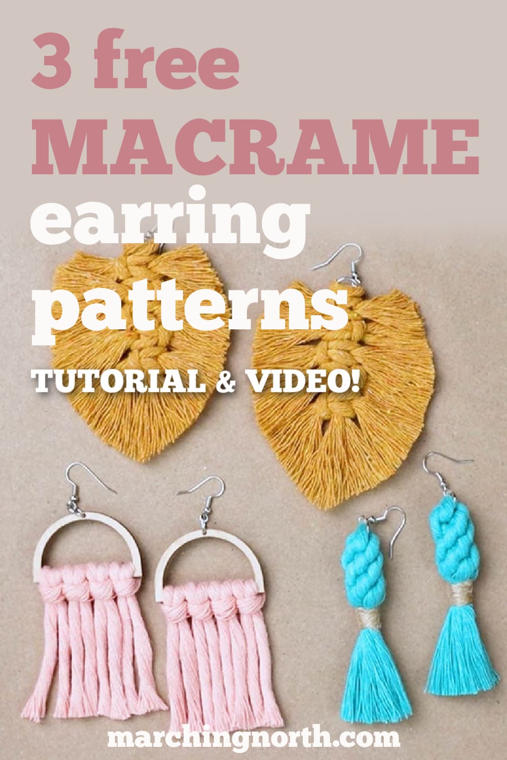 Pinterest pin for 3 free macrame earring patterns