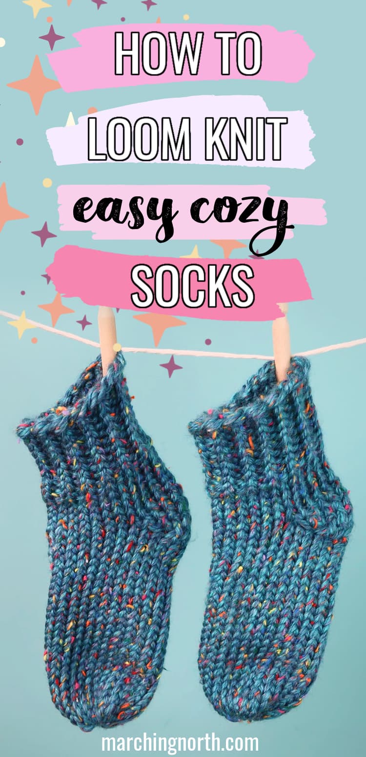 pinterest image for how to loom knit socks post