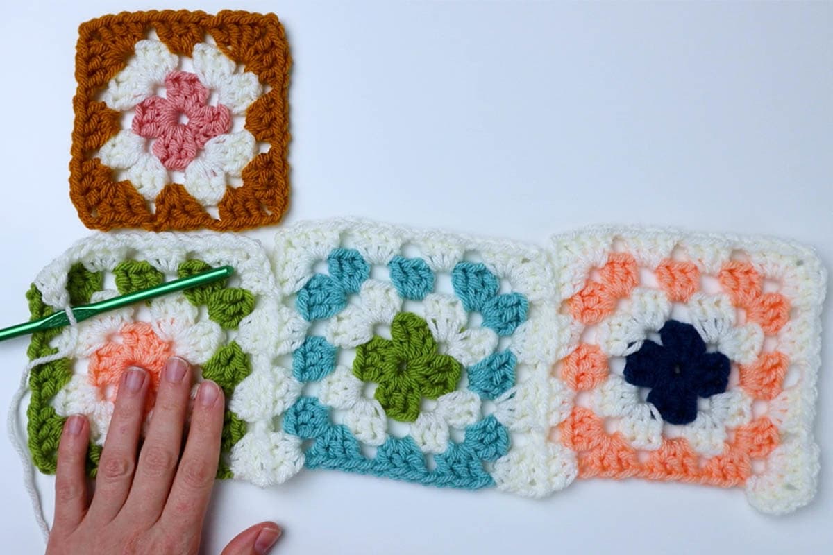 continue attaching the granny squares of this row until you reach the last square