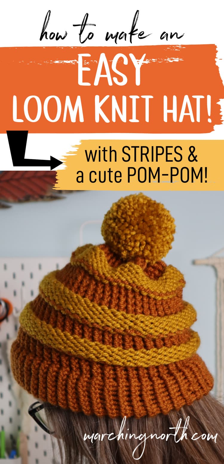 Pinterest Pin for loom knit hat with stripes