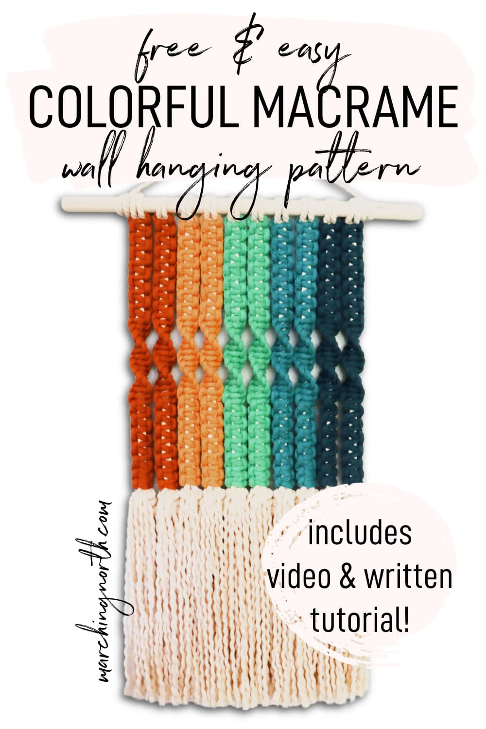 Pinterest Pin for colorful macrame wall hanging pattern