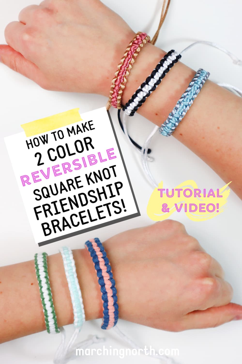 pinterest pin for 2 color reversible square knot friendship bracelets