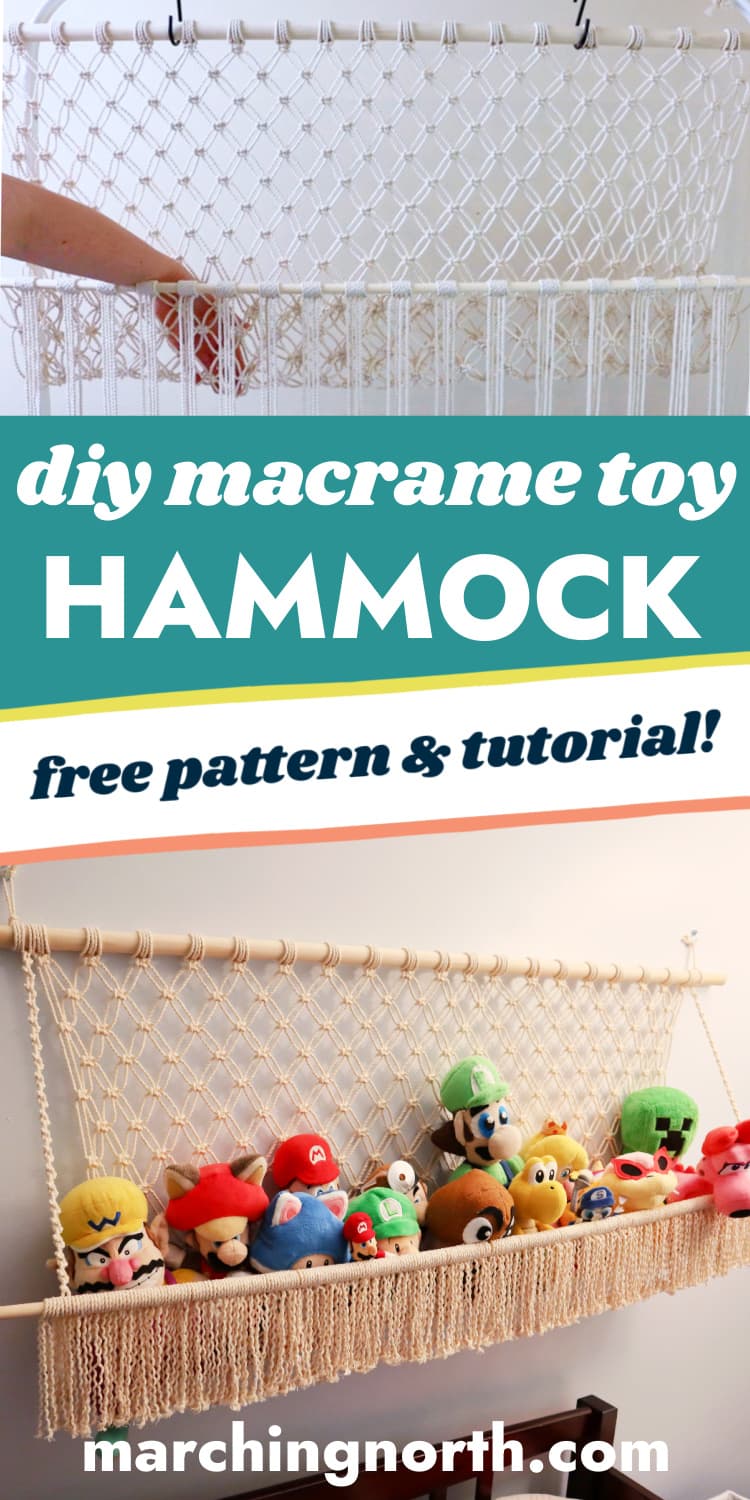 Pinterest pin for macrame toy hammock tutorial