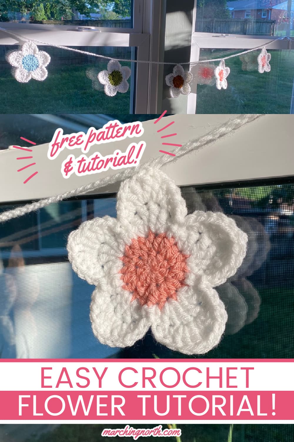 Pinterest pin for free crochet flower pattern