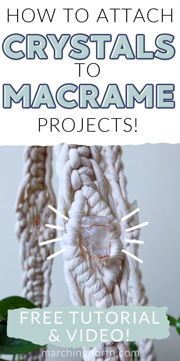 Pinterest pin for how to attach crystals to macrame post