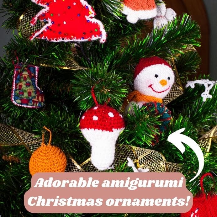 amigurumi Christmas ornaments hanging on a Christmas tree