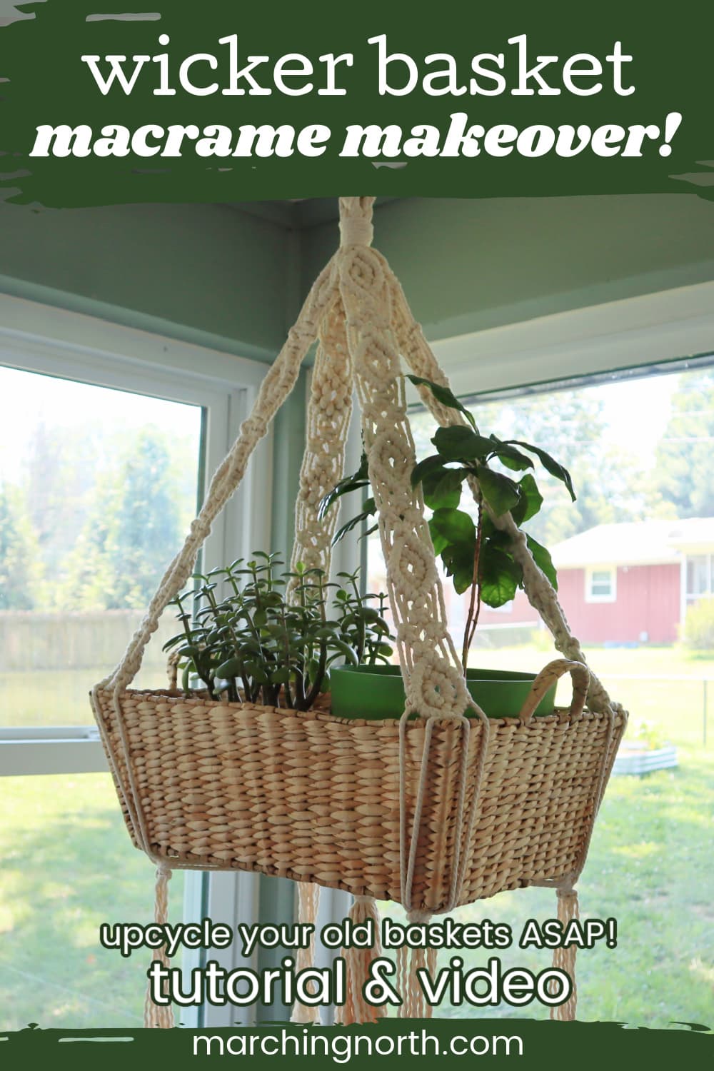 Pinterest pin for macrame wicker basket makeover