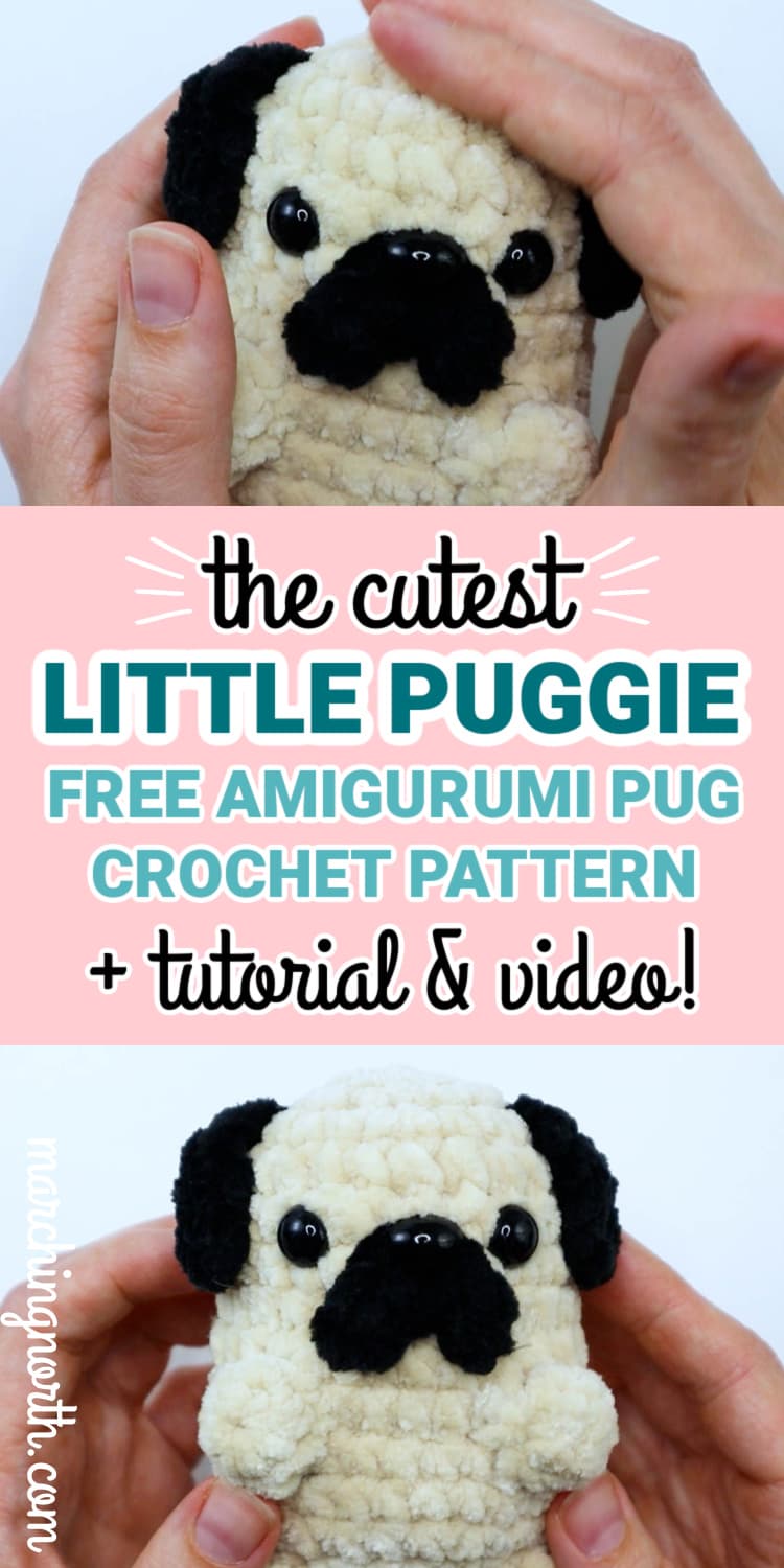 Pinterest pin for crochet pug amigurumi pattern