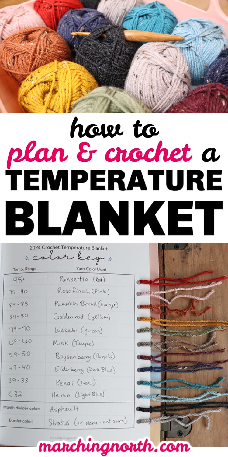 pinterest pin for how to make a crochet temperature blanket post