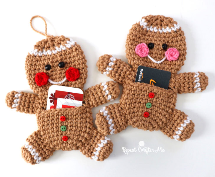 two crochet gingerbread man gift card pocket ornaments