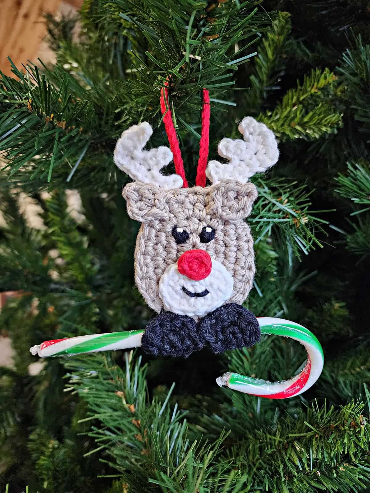 crochet reindeer candy cane ornament
