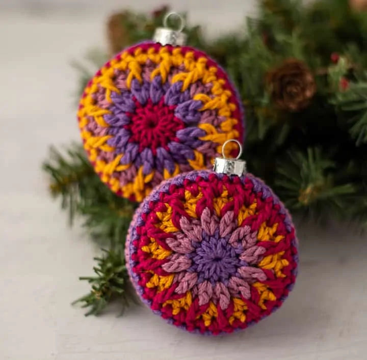 colorful round mandala crochet Christmas ornaments