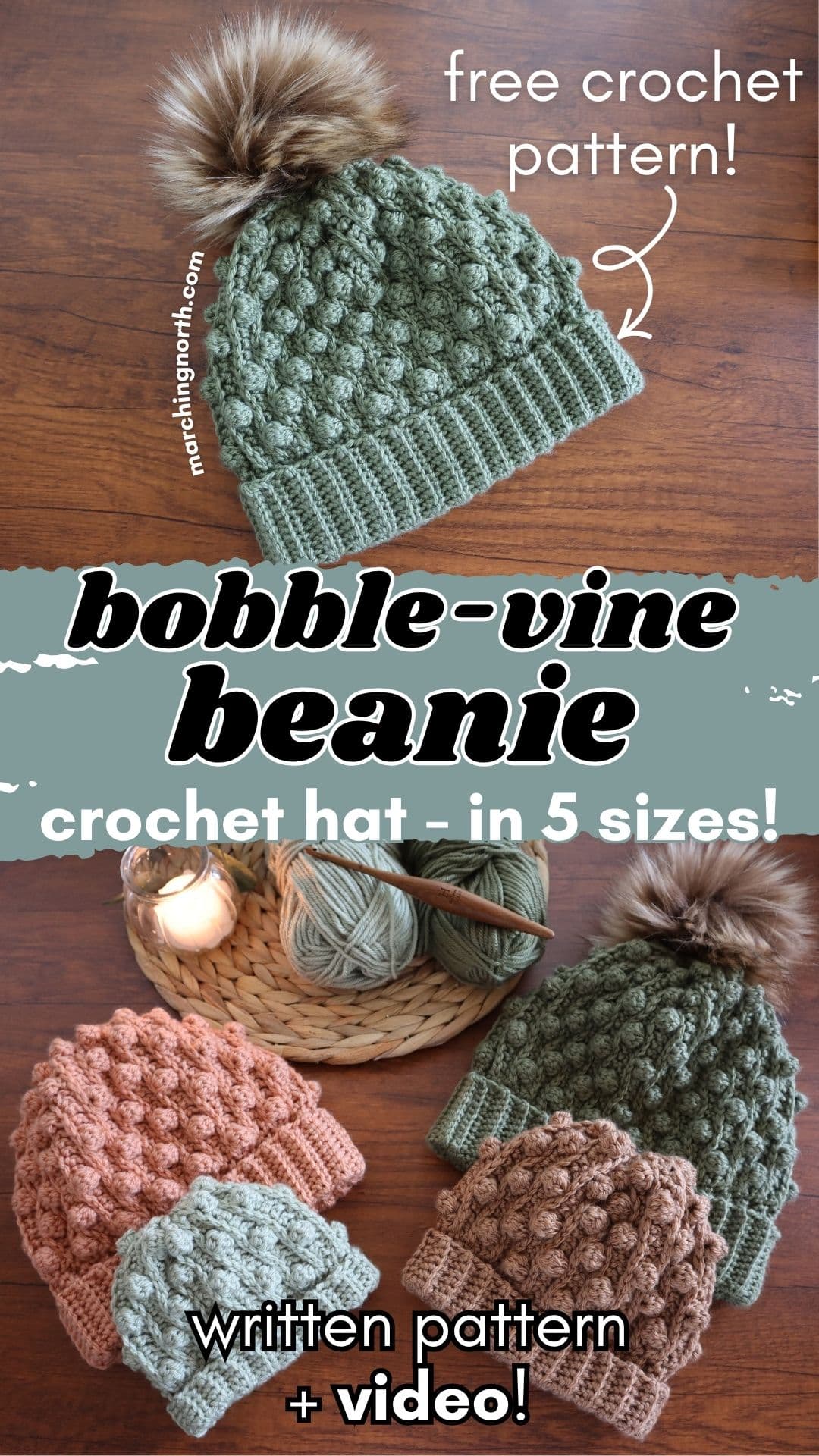 Pinterest image for Bobble Vine Beanie crochet hat pattern