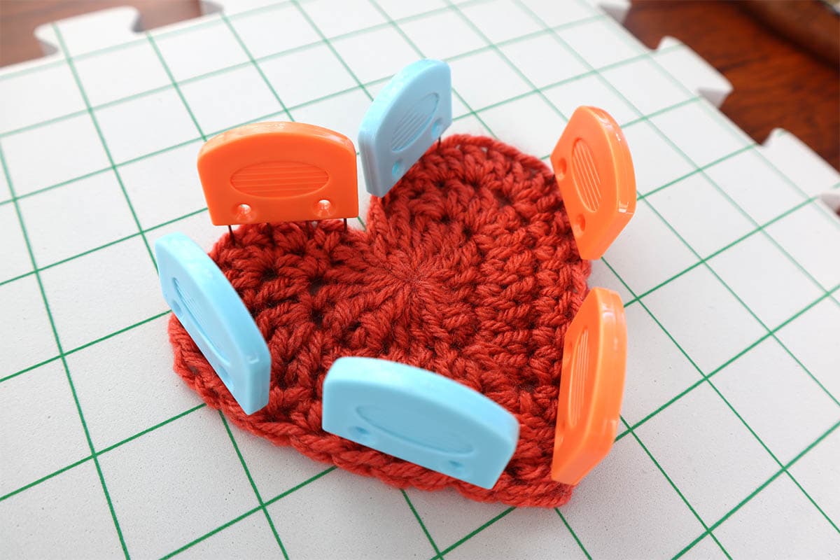 blocking the large crochet heart