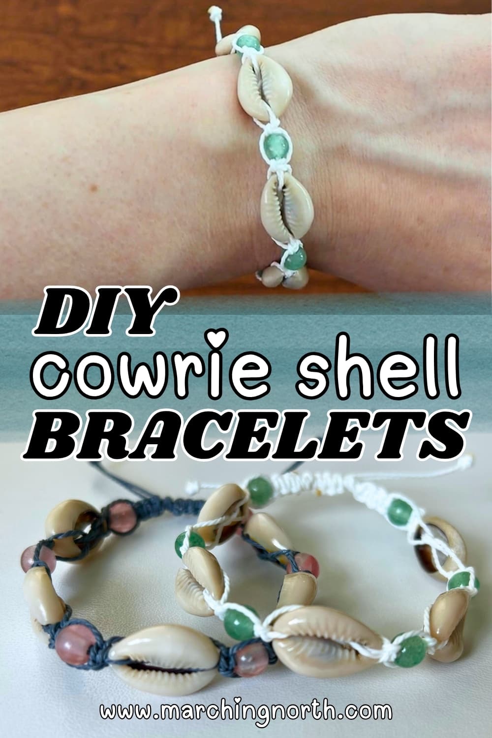 pinterest image for macrame cowrie shell bracelet